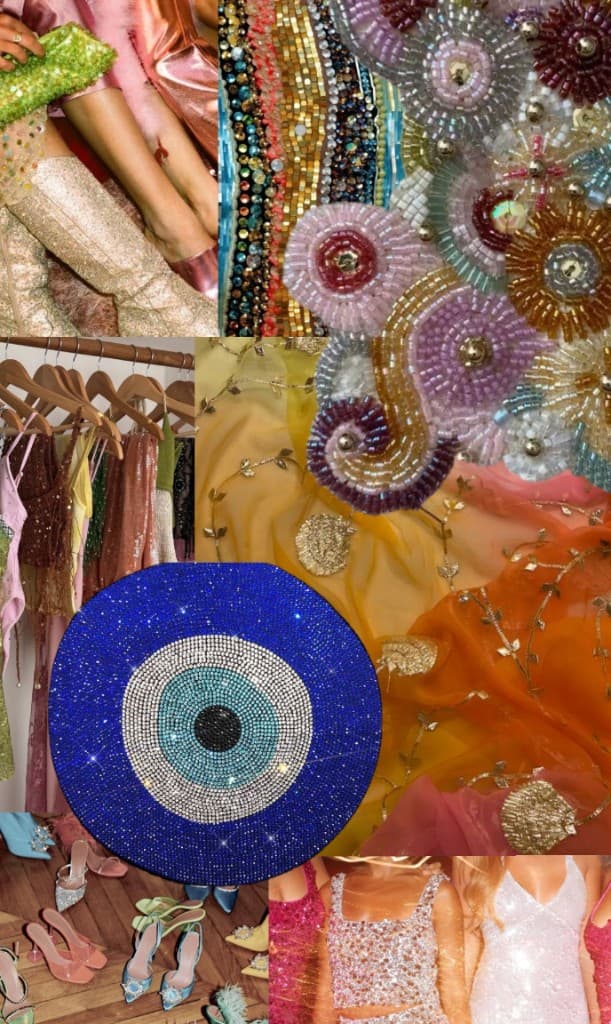 nazar moodboard with the protective eye, beads, sequins, and handmade details